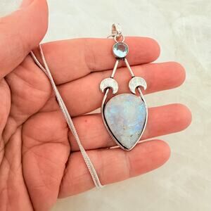 Rainbow Moonstone Crescent Moon Necklace 925 Plated, Celestial Pendant